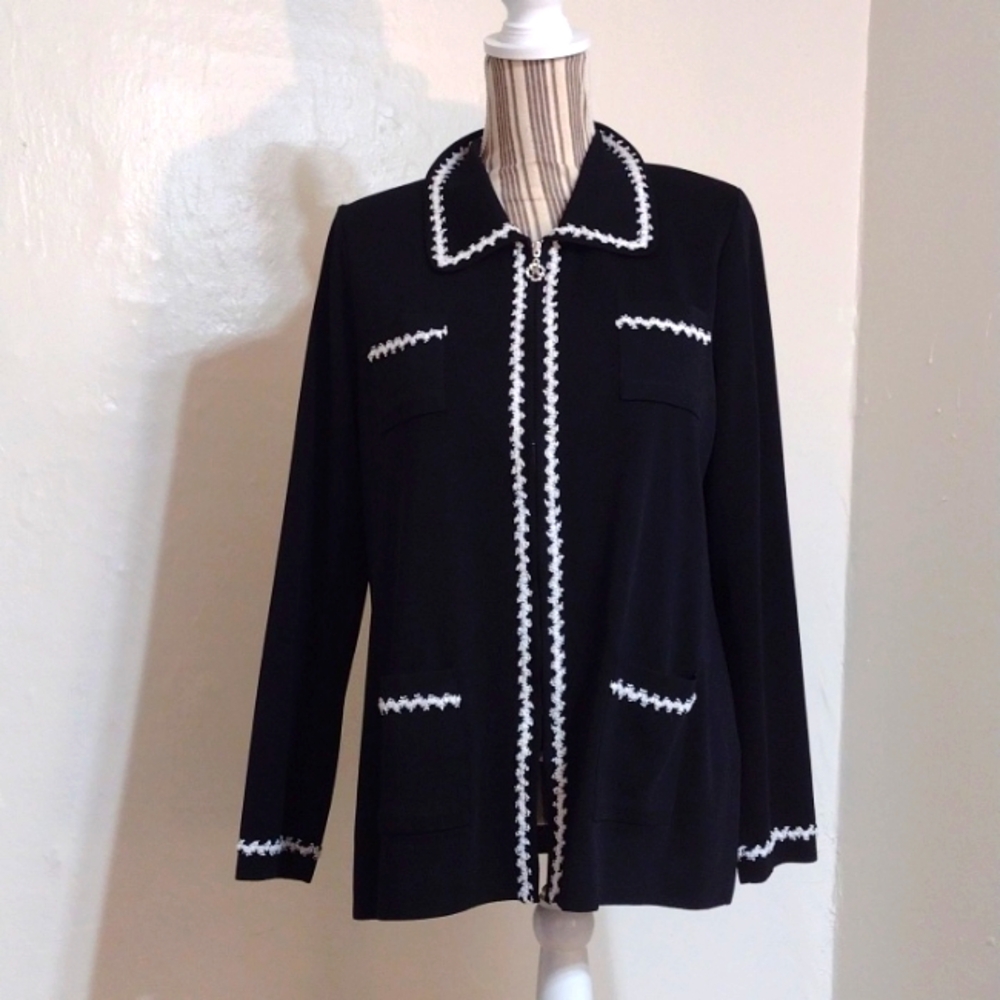 Exclusively Misook Vintage Black & White Knit Front Zip Cardigan Size M NEW